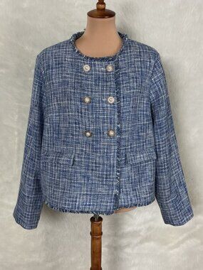 Anthropologie Maeve Blue Fringe Tweed Double Breasted Blazer Plus Size 16W